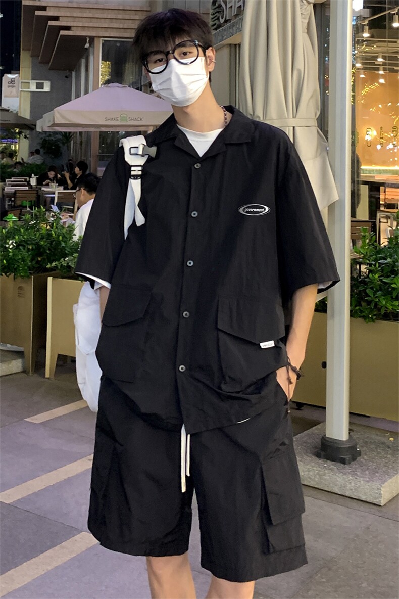 港风23新款夏季时尚开衫工装短袖垂感短裤套装TZ613801P75控98,男装牛仔裤,电商A268A