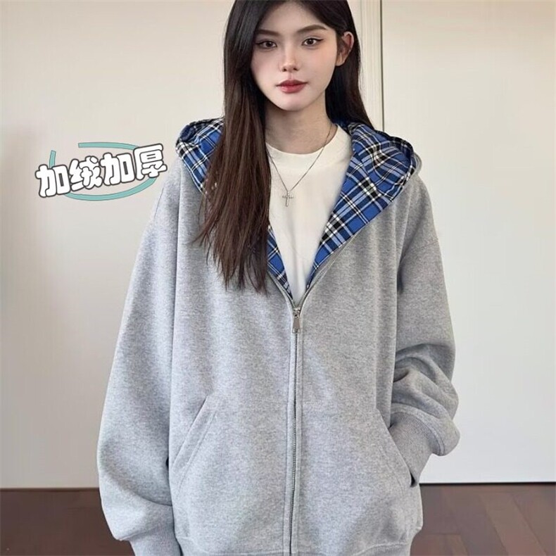 假两件连帽拼接加绒卫衣开衫男女宽松冬cleanfit休闲外套 WB957图片
