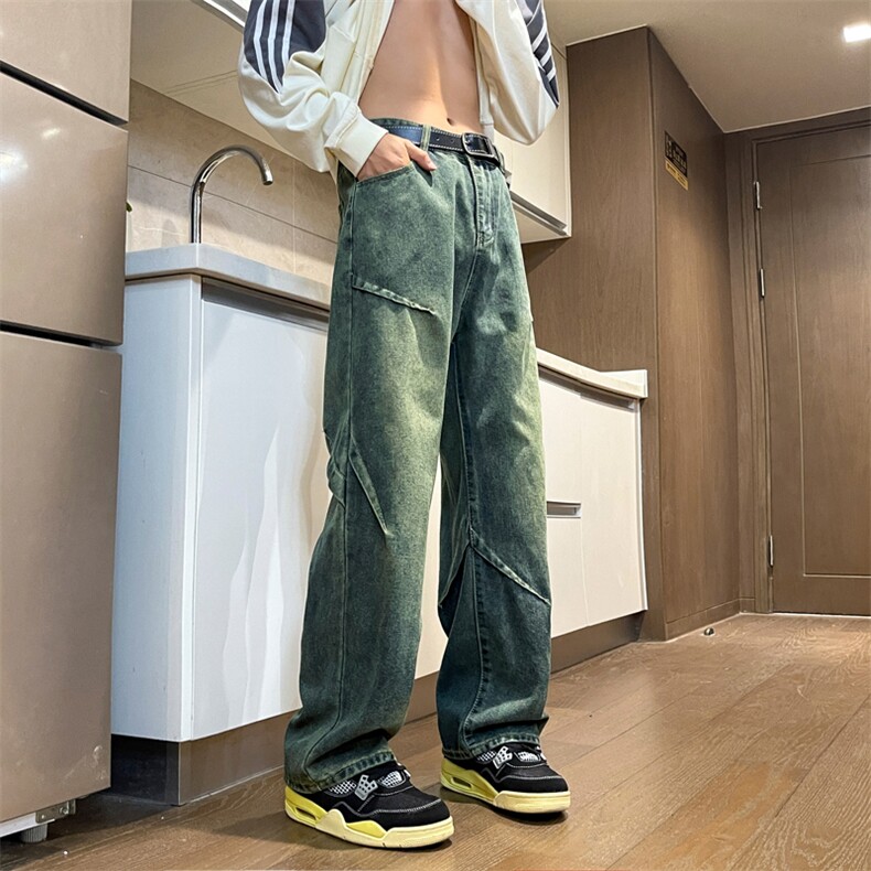 高级小众拼接男裤设计感宽松直筒长裤子K780特批42,男装休闲裤,星座718-1