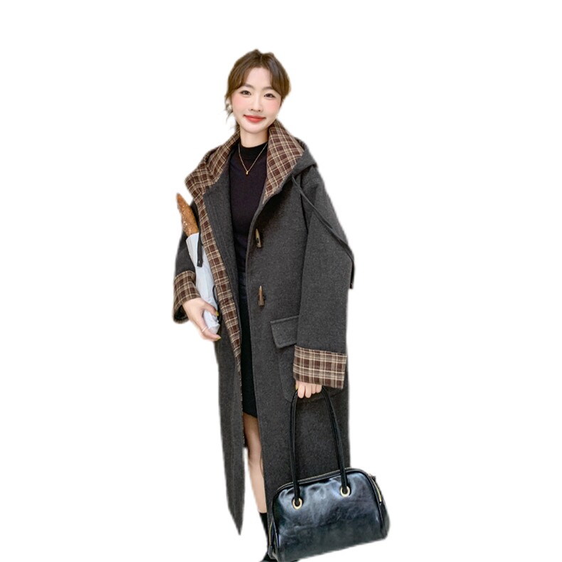 现货【首-发新款】连帽撞色格子毛呢外套212-1853款P195-K279,女装毛呢外套,浙宝285（原212）