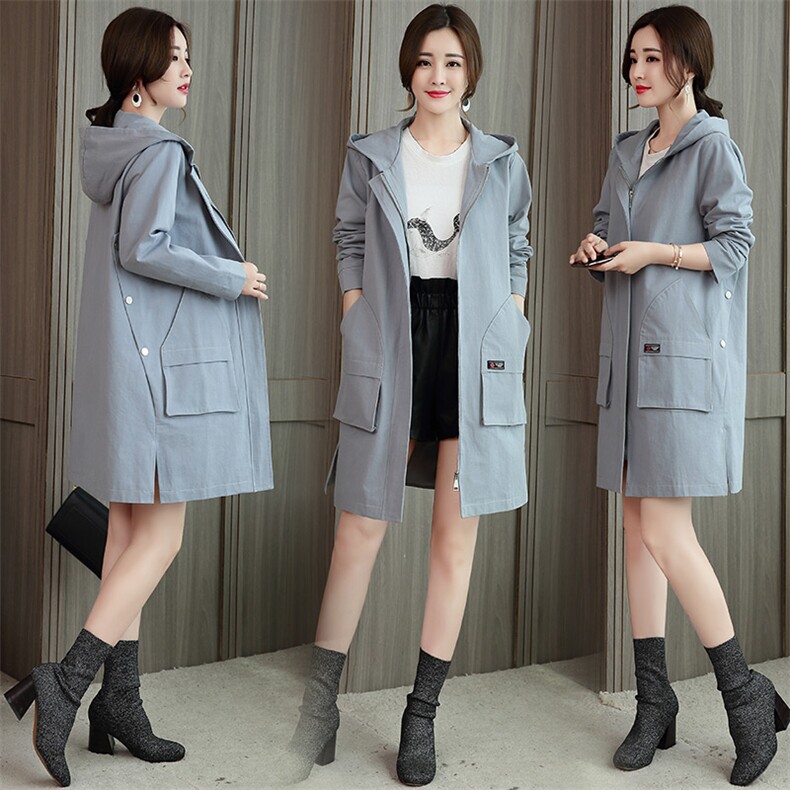 风衣纯色连帽拉链2021年春季长袖中长款直筒气质潮流，女装风衣，依万里