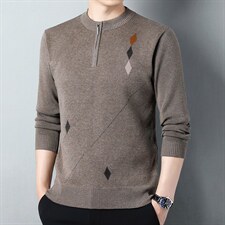 新款2023秋季印花休闲中年男士圆领半拉链针织衫毛衣套头男装潮，男装针织衫/毛衣，电商B212（原钱塘6029）