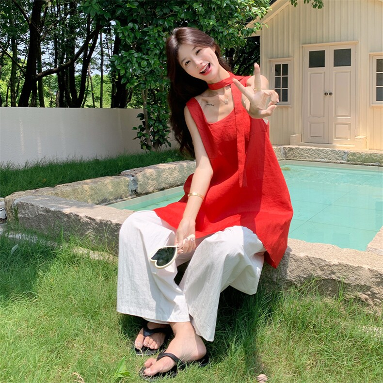 俏皮活泼红色无袖衬衫阔腿裤套装女夏两件套韩里韩气流行爆款流行,女装套装/套裙,2D034