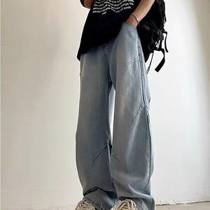 牛仔裤男款夏季新款宽松阔腿水洗做旧高街百搭直筒长裤子 N1119图片