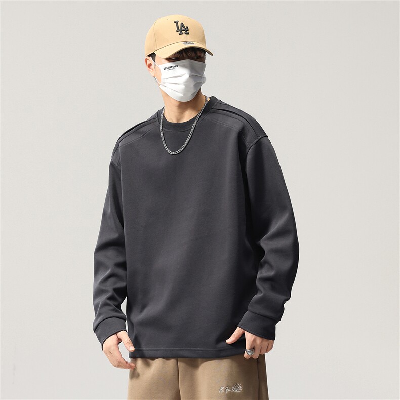 新品纯色简约拼接长袖T恤男卫衣复古深色宽松设计感上衣2810-P40,男装T恤,电商D215
