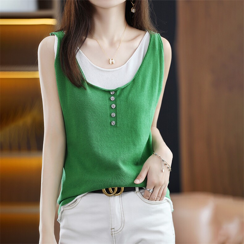 纯棉针织吊带打底衫春夏季新款宽松打底外穿假两件背心马甲，女装背心吊带，美吧服饰