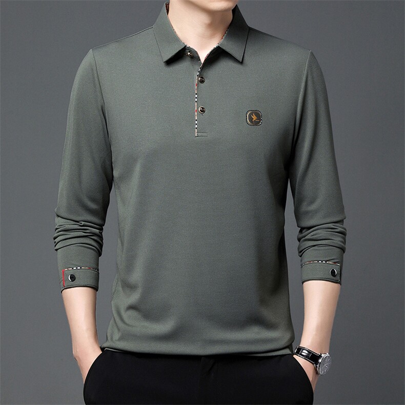 长袖T恤男士秋装上衣服翻领纯色中年外贸刺绣POLO衫图片