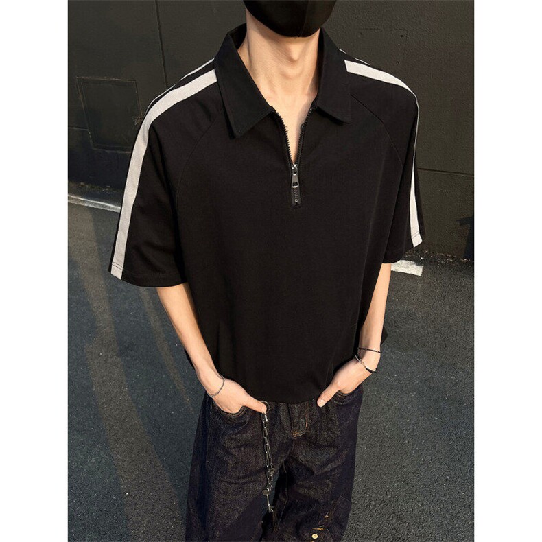 得物300克重磅纯棉宽松撞色打底短袖拉链POLO衫T恤男RH5035-特P40,男装T恤,星座610B-1
