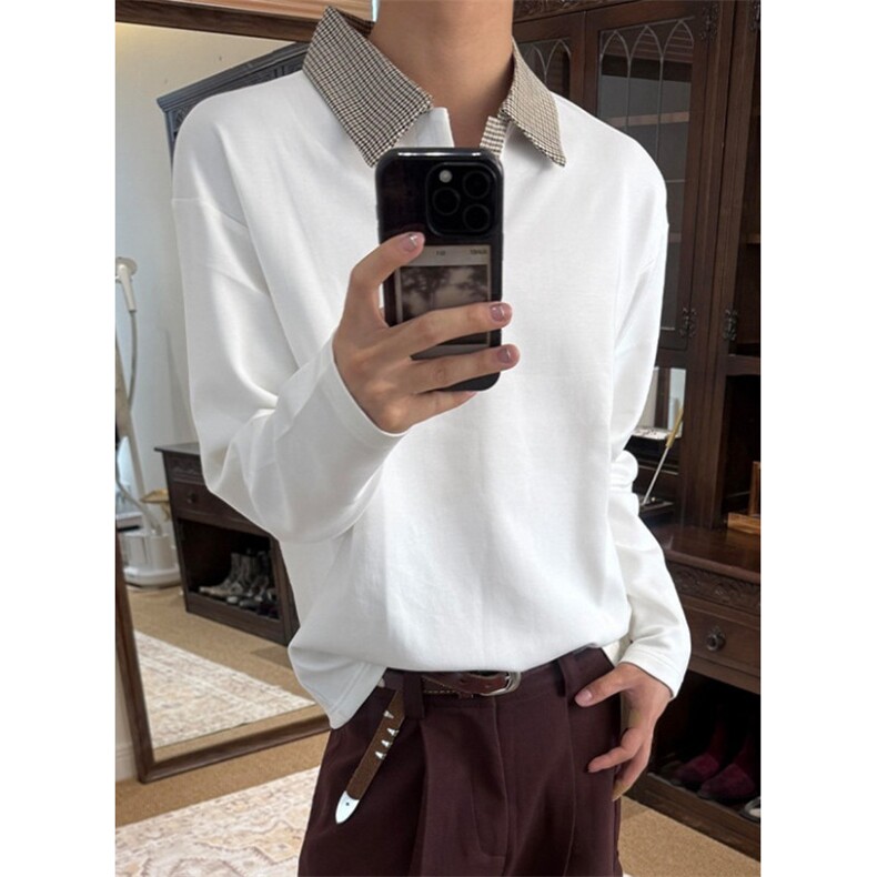 系假两件拼接格纹Polo长袖衬衫套头卫衣秋抗皱风翻领男TY501,男装衬衫,星座1116A（原606A-3）