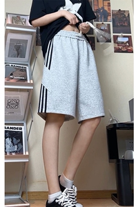 三条杠运动短裤男女宽松休闲设计感松紧腰条纹裤子DK8588-特价P30图片