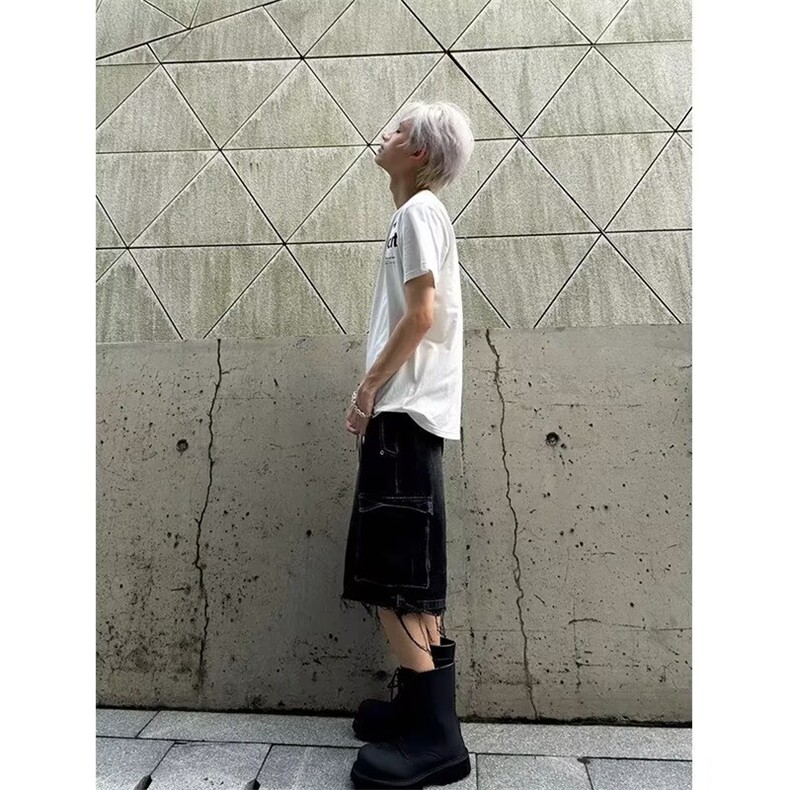 美式小众高街复古工装牛仔短裤男女夏季hiphop痞帅水洗毛边五分裤,男装牛仔裤,星座506A