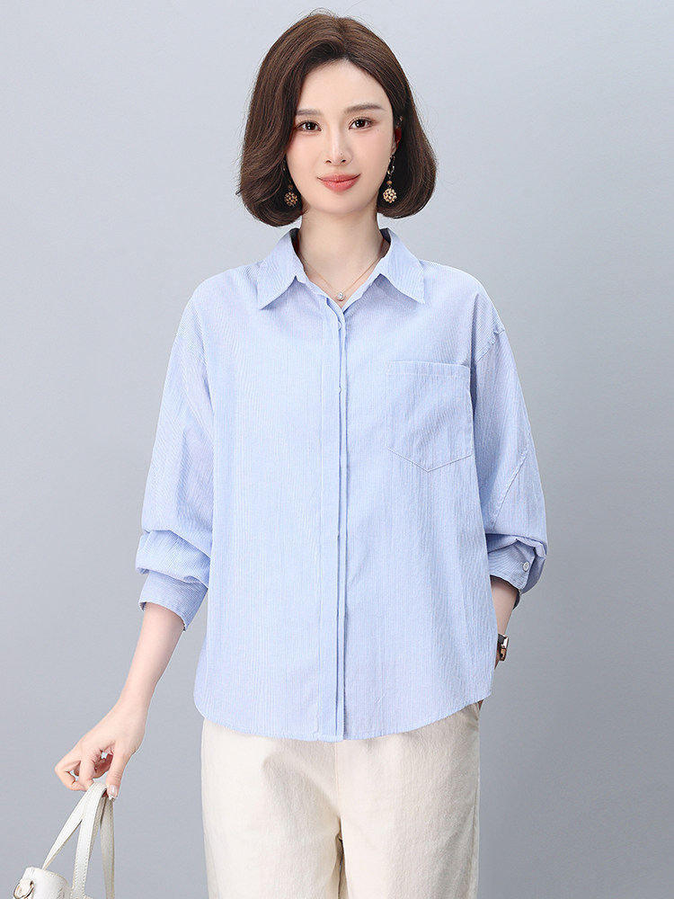 纯棉条纹衬衫女长袖2025年春季新款衬衣减龄洋气小衫中年妈妈上衣,女装衬衫,忆绮罗
