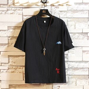 2021夏季新白砖墙日系大码男风刺绣棉麻亚麻短袖T恤T185-P30图片