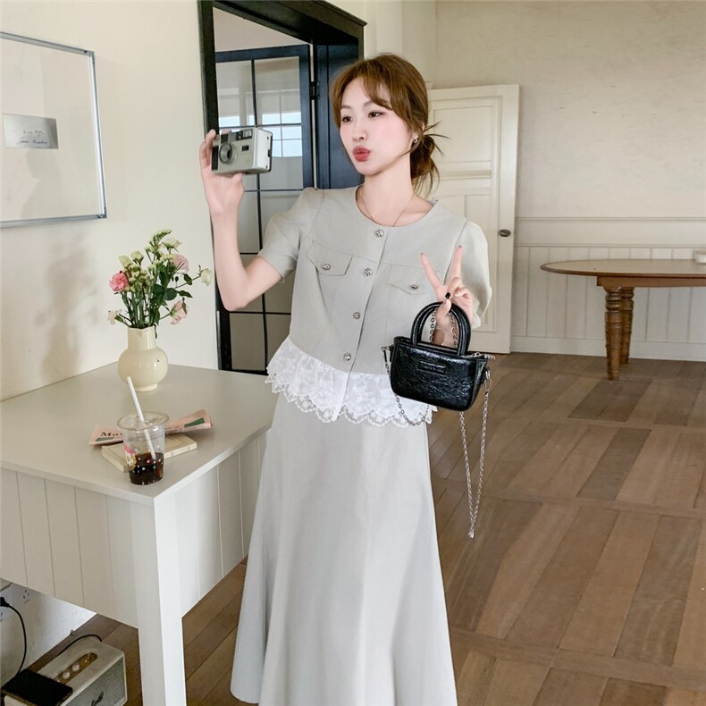 蓝色蕾丝花边拼接半身裙套装女夏2026新款两件套大方得体穿搭甜美,女装套装/套裙,霓裳依族