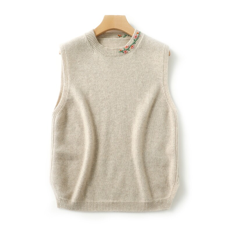 优雅刺绣领口无袖背心马甲女秋新款羊绒衫显瘦百搭时尚单品，女装马甲，盛世绒华