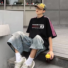 抖音得物品质二开240克宽松纯棉美式潮牌印花三条杠中性风短袖T恤，男装T恤，电商A486-1