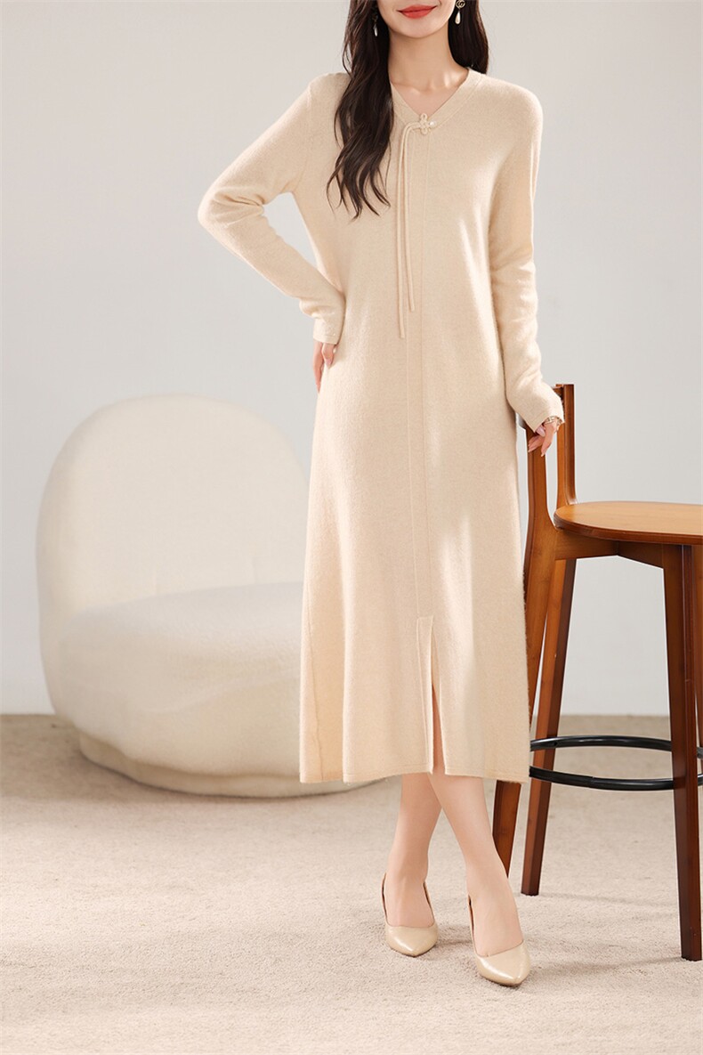 女连衣裙内搭针织打底裙秋冬V领纯色时尚中长款裙子,女装连衣裙,江南羊绒