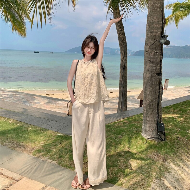 现货210-3252-P150-K218无袖重工蕾丝刺绣上衣阔腿裤套装,女装套装/套裙,浙宝210（原浙宝191）