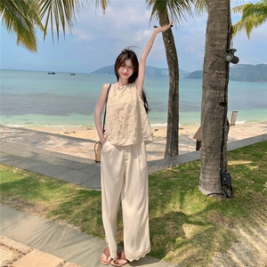 现货210-3252-P150-K218无袖重工蕾丝刺绣上衣阔腿裤套装图片