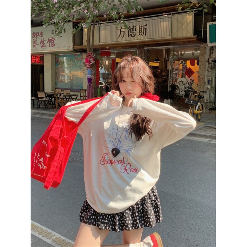 韩系纯欲印花设计感圆领长袖t恤女夏季休闲显瘦百搭防晒罩衫上衣,男装T恤,星座506A