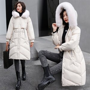 2020年冬季新款口袋撞色连帽大毛领中长款羽绒服图片