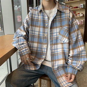 A720-P40 2023潮流宽松休闲衬衣外套男士秋季新款长袖格子衬衫图片