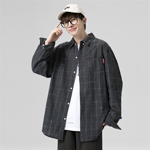 2021秋季新无影墙日系港风百搭大码宽松男扣领格子衬衫C510-P40图片