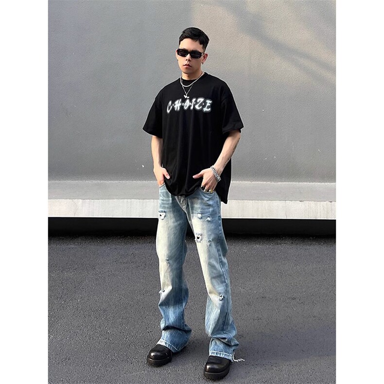 美式高阶水洗ins做旧牛仔裤破洞直筒裤情侣潮KZ31D777--TP40,男装牛仔裤,电商A247C