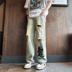 k1079-p55-控78 M-5XL 现货oversize cleanfit风黄泥牛仔裤破洞图片