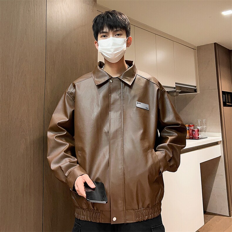 春季PU皮外套机车潮流男士夹克贴标皮衣宽松个性A266-PY006-P80图片