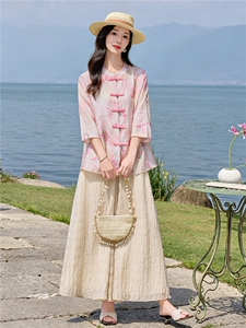 天丝印花新中式七分袖阔腿裙裤优雅气质配吊带三件套装图片