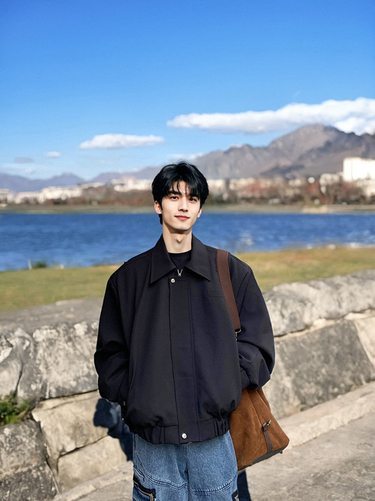 短款韩系Ins风休闲宽松垫肩短款背后拉链夹克外套,男装夹克,星座112A