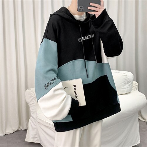 7XL-M港风卫衣男2023春季新款连帽休闲撞色长袖加肥加大码控价88图片