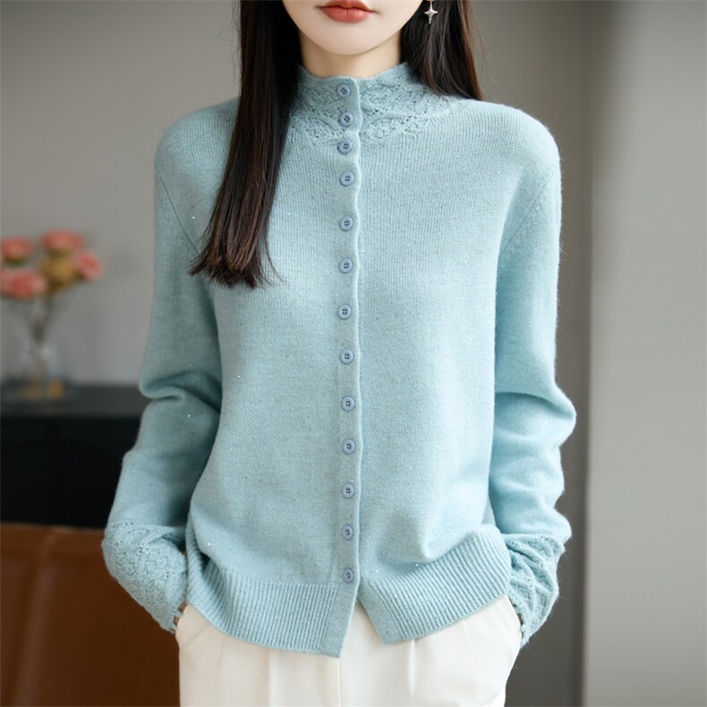 2026年秋季时尚百搭通勤简约休闲亮片镂空开衫，女装针织衫/毛衣，源达羊绒