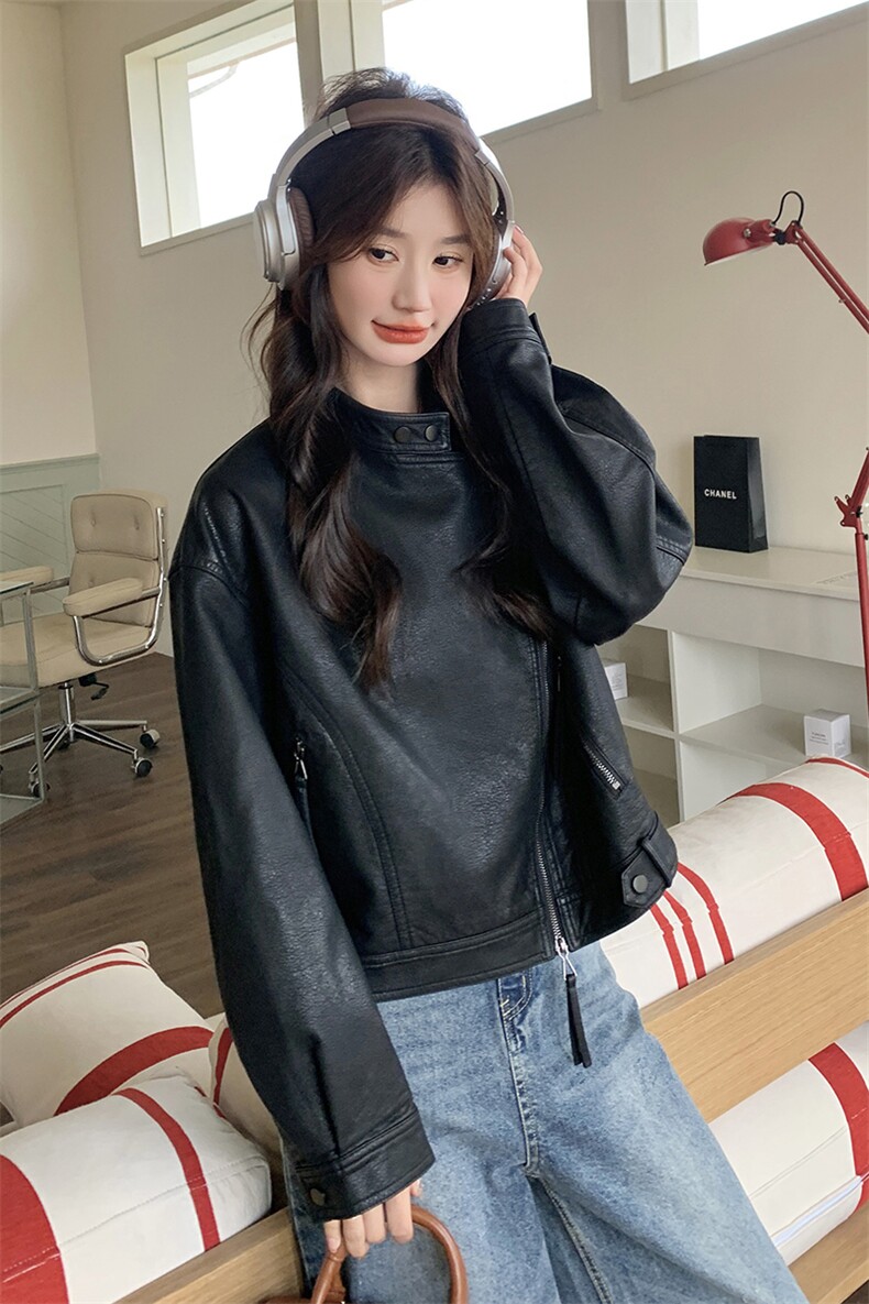 黑色皮衣外套女春秋设计感网红韩系机车服pu皮夹克酷飒,女装皮衣,2C176