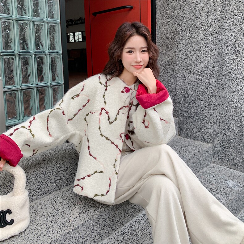 日系米白色刺绣提花毛呢羽绒服女2025冬季超好看保暖90白鸭绒外套,女装毛呢外套,2D078