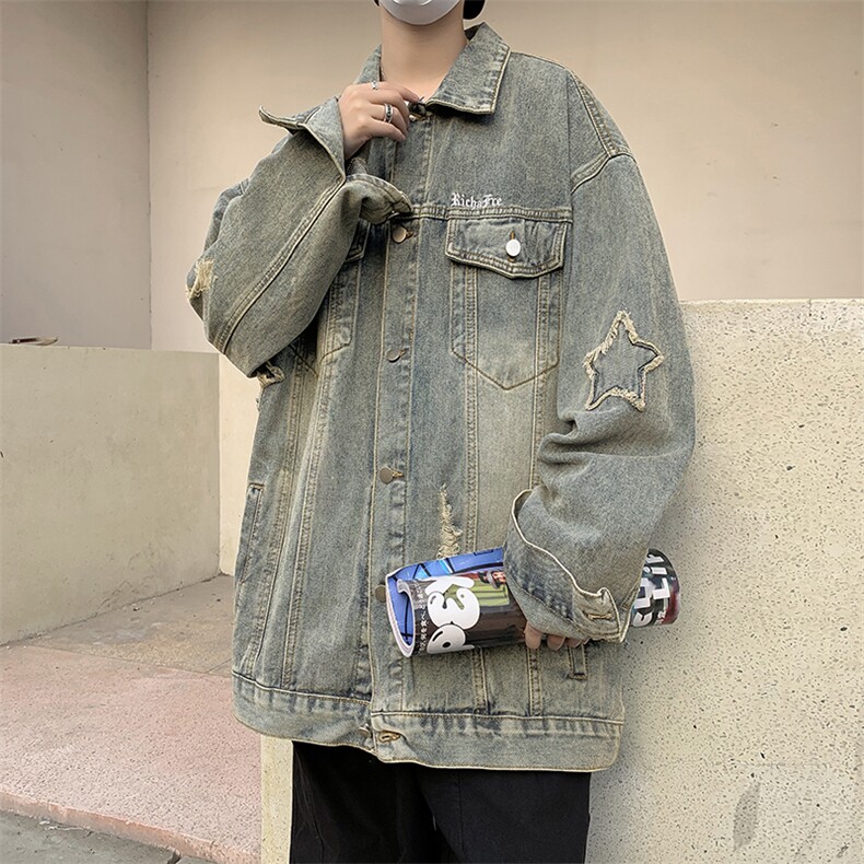 刮烂破洞牛仔夹克宽松ins情侣上衣秋季新款炸街外套JK02076-P60,男装牛仔裤,星座308B-1