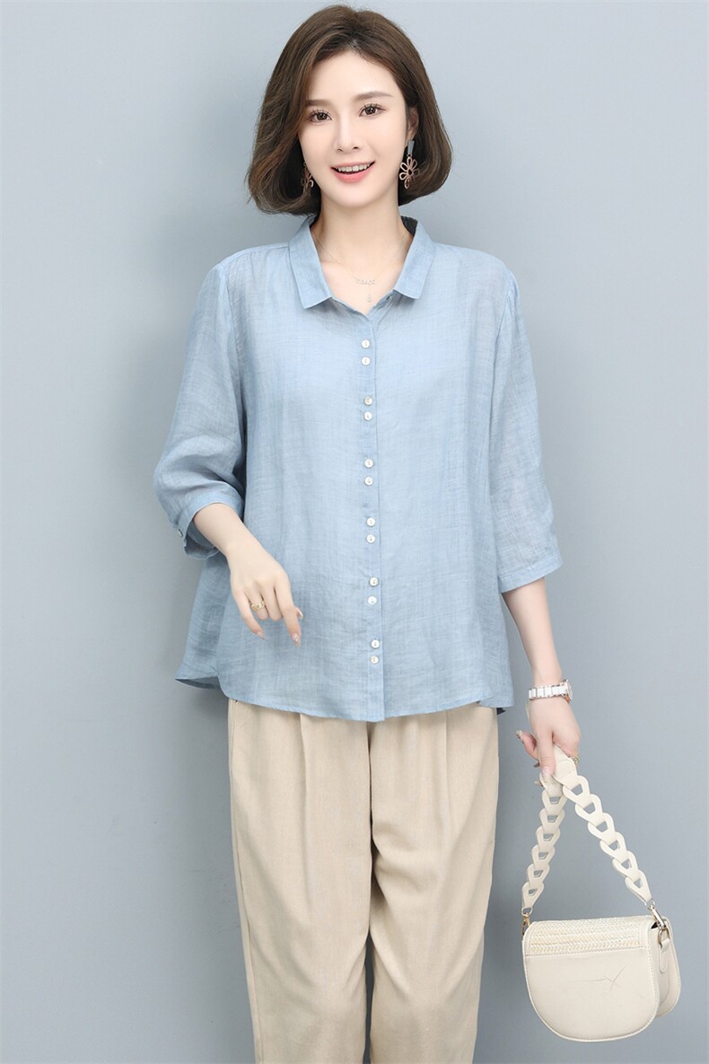 高端苎麻衬衫女夏季2024新款棉麻风上衣中年妈妈洋气减龄漂亮小衫,女装衬衫,奕阳依阁