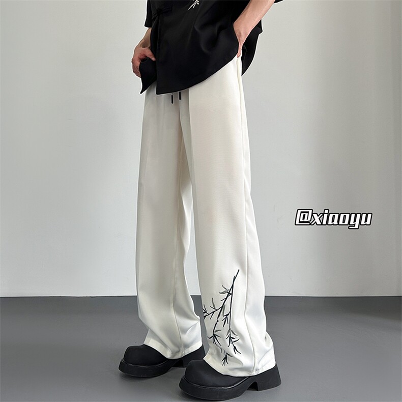 新中式竹节纹裤子男春秋季国潮宽松直筒阔腿松弛感设计感休闲长裤，男装休闲裤，星座512A（原616）