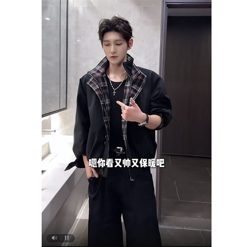 直播秋冬休闲格子拼接立领棉衣保暖棉服男M212-P158(网图）,男装棉衣,电商B267