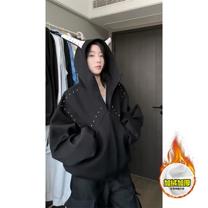 480G重磅加绒硬挺boxy男女美式高街卫衣铆钉杜宾犬耳朵开衫厚外套图片