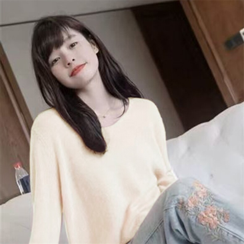 简约长袖针织衫女士宽松百搭显瘦精纺V领长袖针织衫,针织衫/毛衣,唯若美羊绒