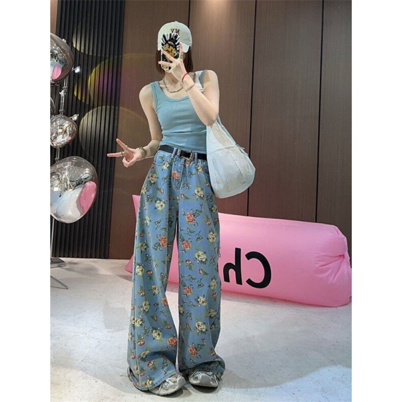 AK2320-P50美式潮流直筒牛仔裤夏季新款显瘦满印碎花阔腿裤,女装休闲裤,星座617A-2
