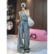 AK2320-P50美式潮流直筒牛仔裤夏季新款显瘦满印碎花阔腿裤，女装休闲裤，星座617A-2