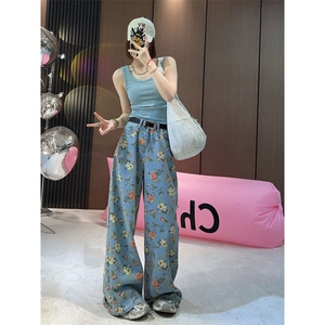 AK2320-P50美式潮流直筒牛仔裤夏季新款显瘦满印碎花阔腿裤图片