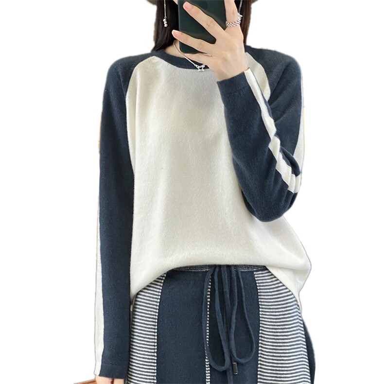 2024秋装新款简约时尚拼接套头女士针织羊毛打底上衣潮,女装羊毛衫,若菲羊绒