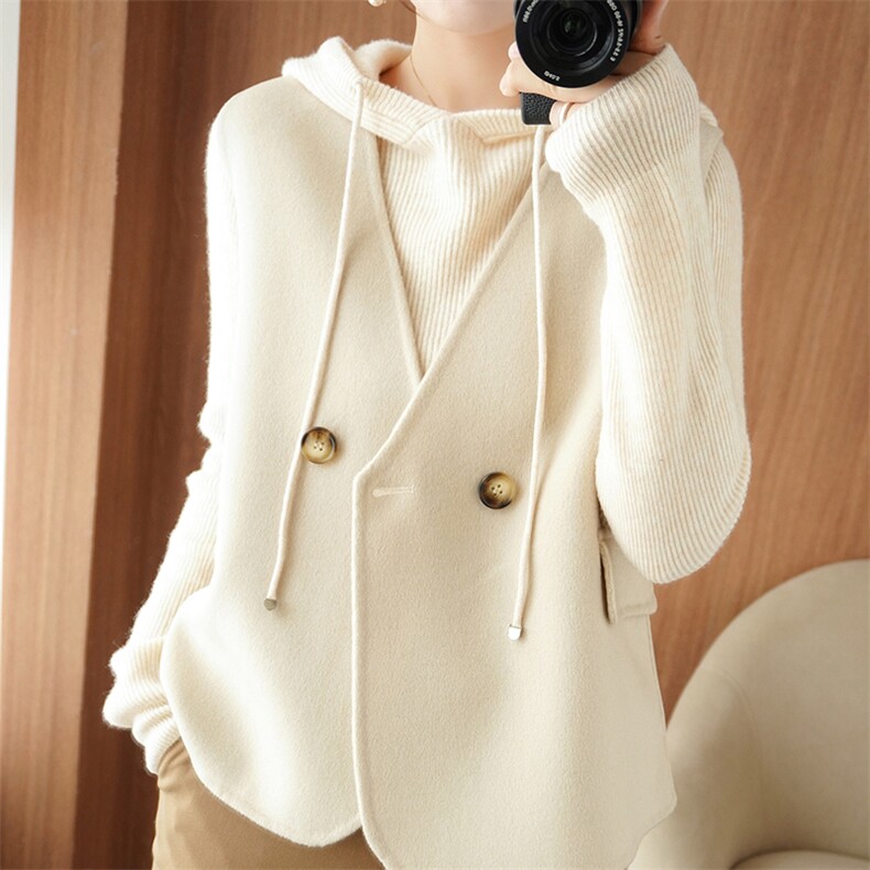 双面马甲女2024秋冬新款韩版宽松休闲连帽毛呢背心坎肩外套，女装马甲，鹿展羊绒大衣