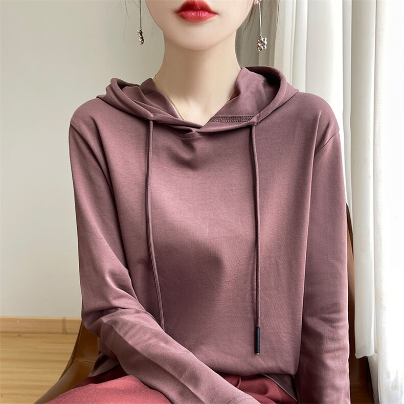 25春秋款纯棉长袖T恤帽衫女纯色抽绳连帽卫衣宽松精梳棉上衣,女装T恤,羊秋羊绒