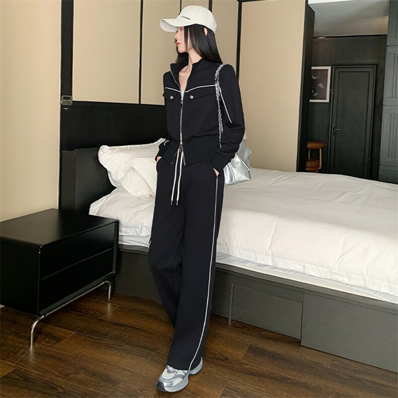 女春季新款拉链开衫上衣阔腿裤两件套装,女装套装/套裙,江南