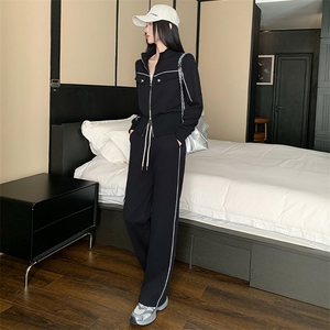 女春季新款拉链开衫上衣阔腿裤两件套装图片